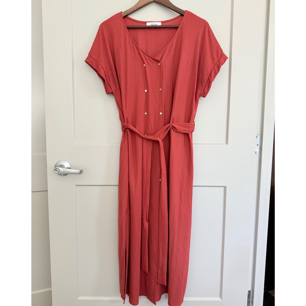 Carly Jean Los‎ Angeles Salmon Color Short Sleeve Belted Midi Dress size Large